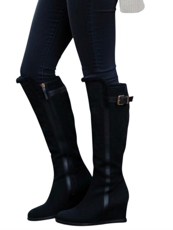 Fendi Shoes - Fendi Wedge  Suede  Fur Trim Black  Knee High Boots Size 38 1/2